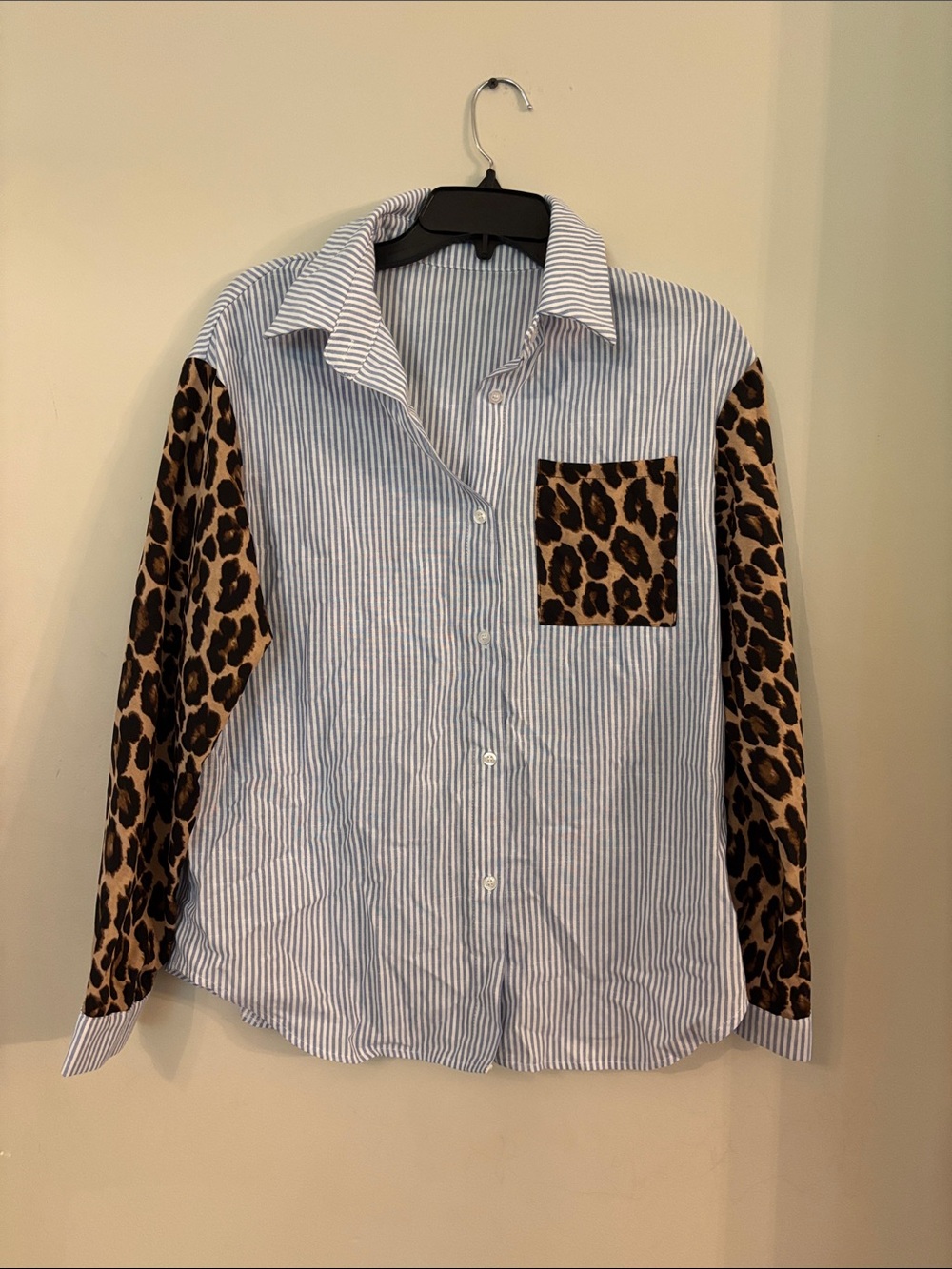 Striped Button-Up Shirt with Leopard Print Sleeves and Pocket